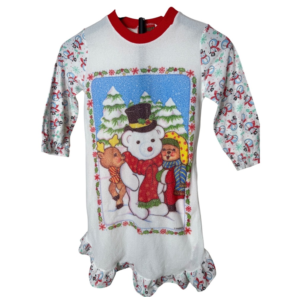Vintage Nutcracker Girls Christmas Nightgown Polar Bear Snowman Ruffle White Red